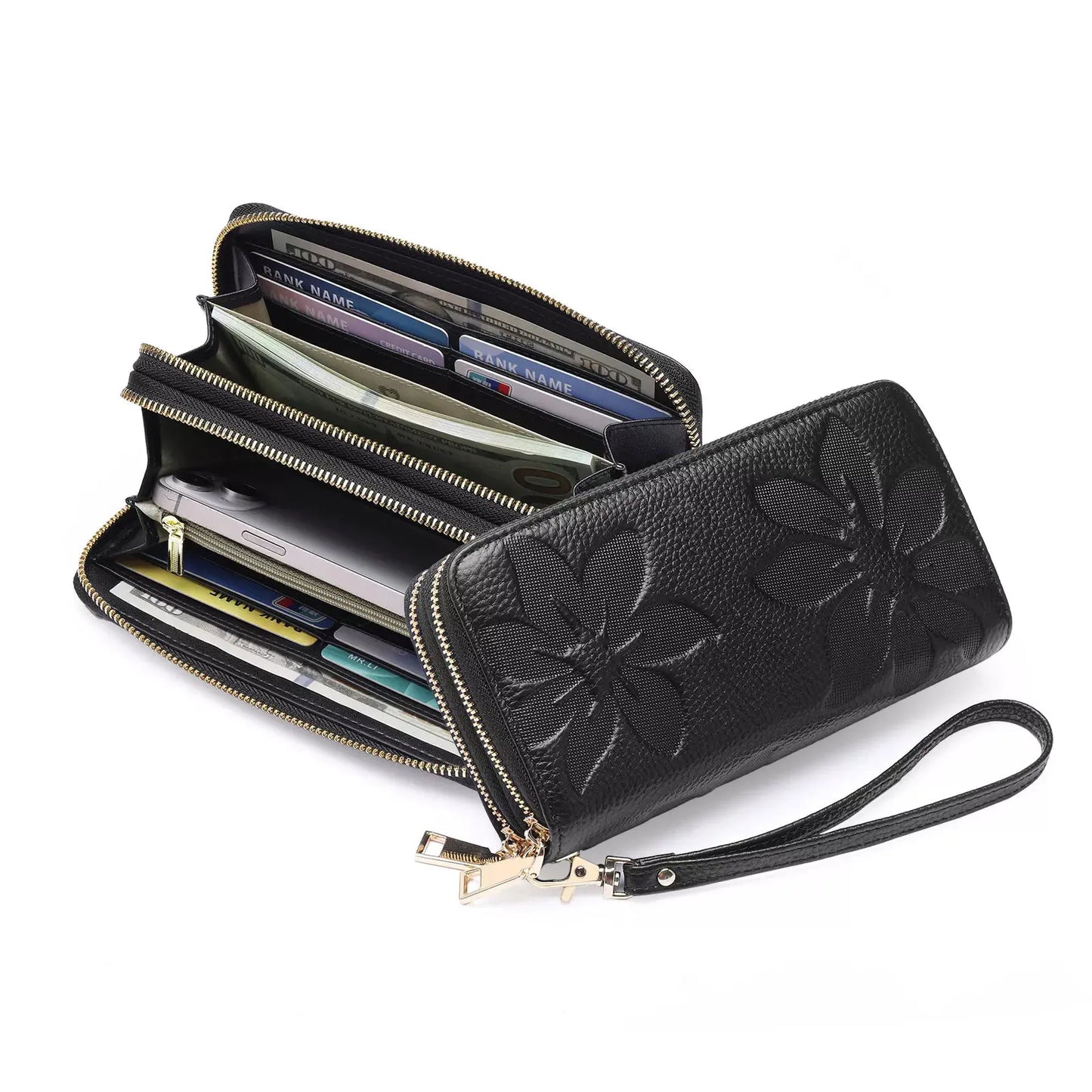 Floral Embossed Leather Zipper Wallet by Partner Label