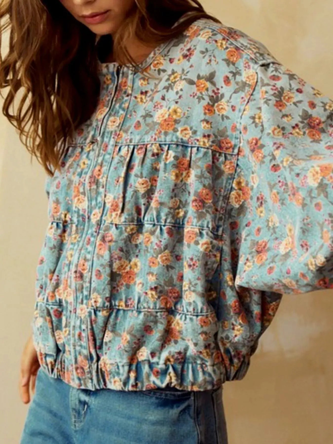 Floral Print Zip Up Cropped Denim Jacket by Partner Label