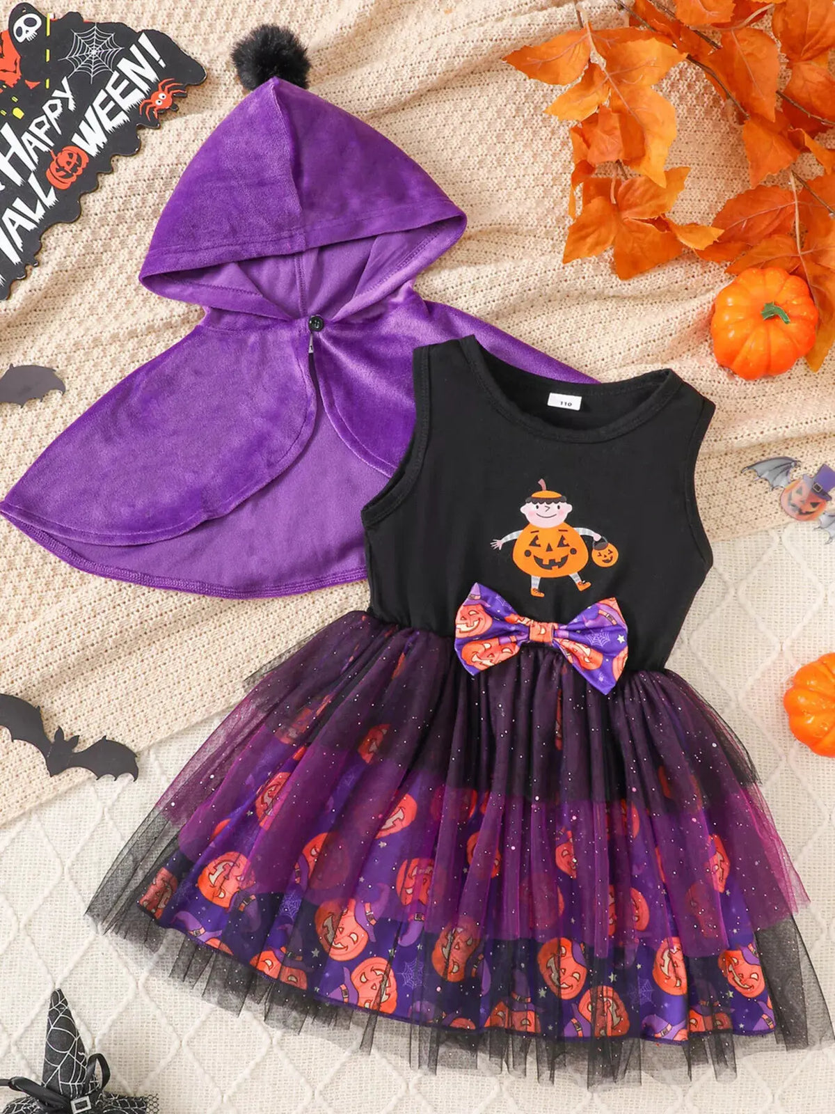 Children's Halloween Hooded Cape and Printed Dress Witch Costume Set by Trendsi