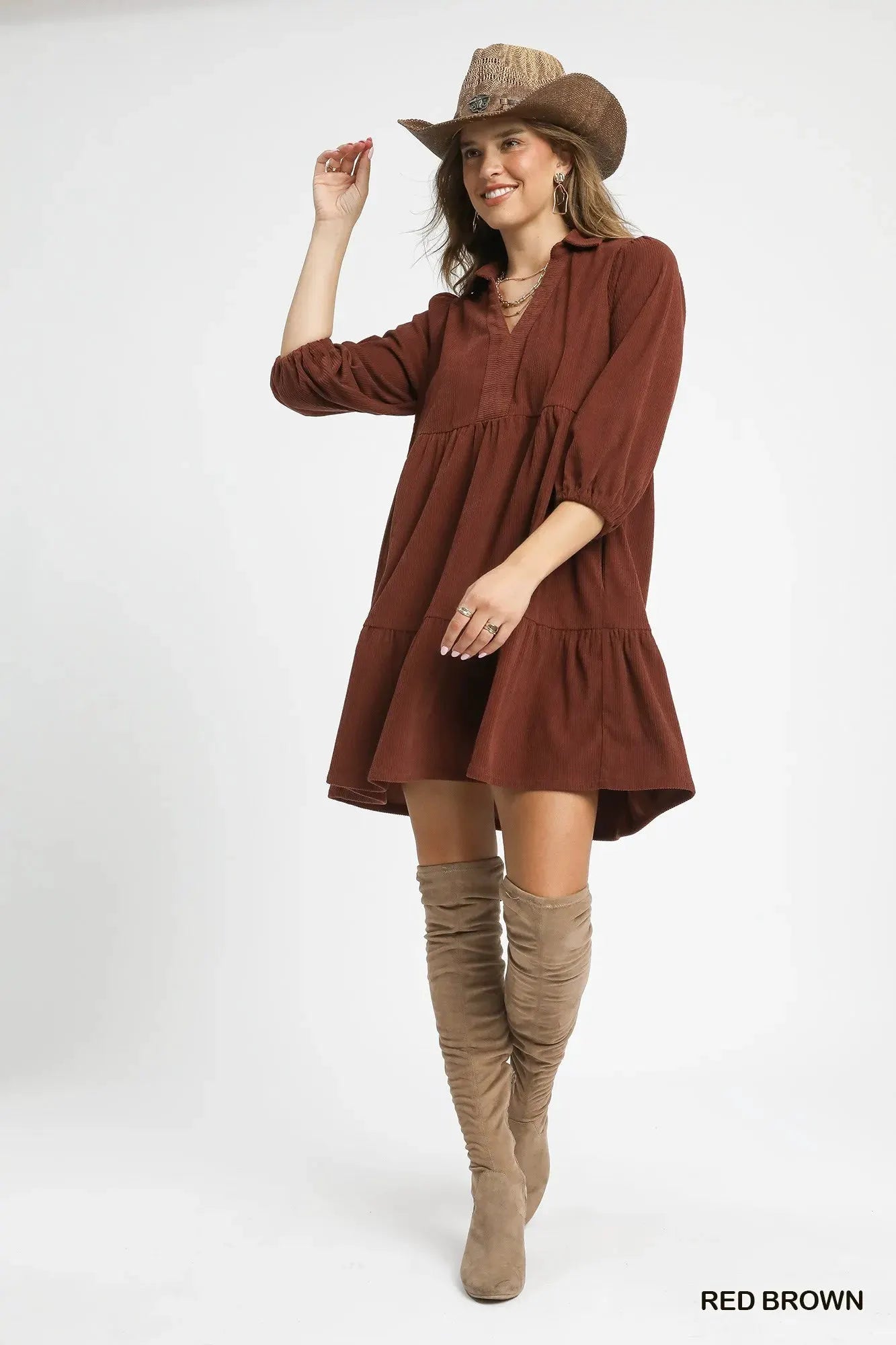 Umgee Tiered Corduroy Mini Dress with Balloon Sleeves by Umgee