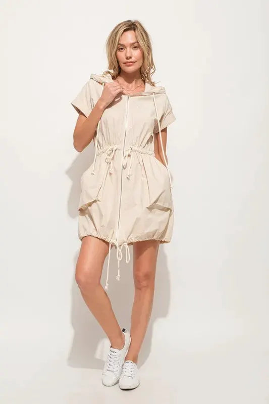 And The Why Short Sleeve String Details Hooded Mini Dress by And The Why