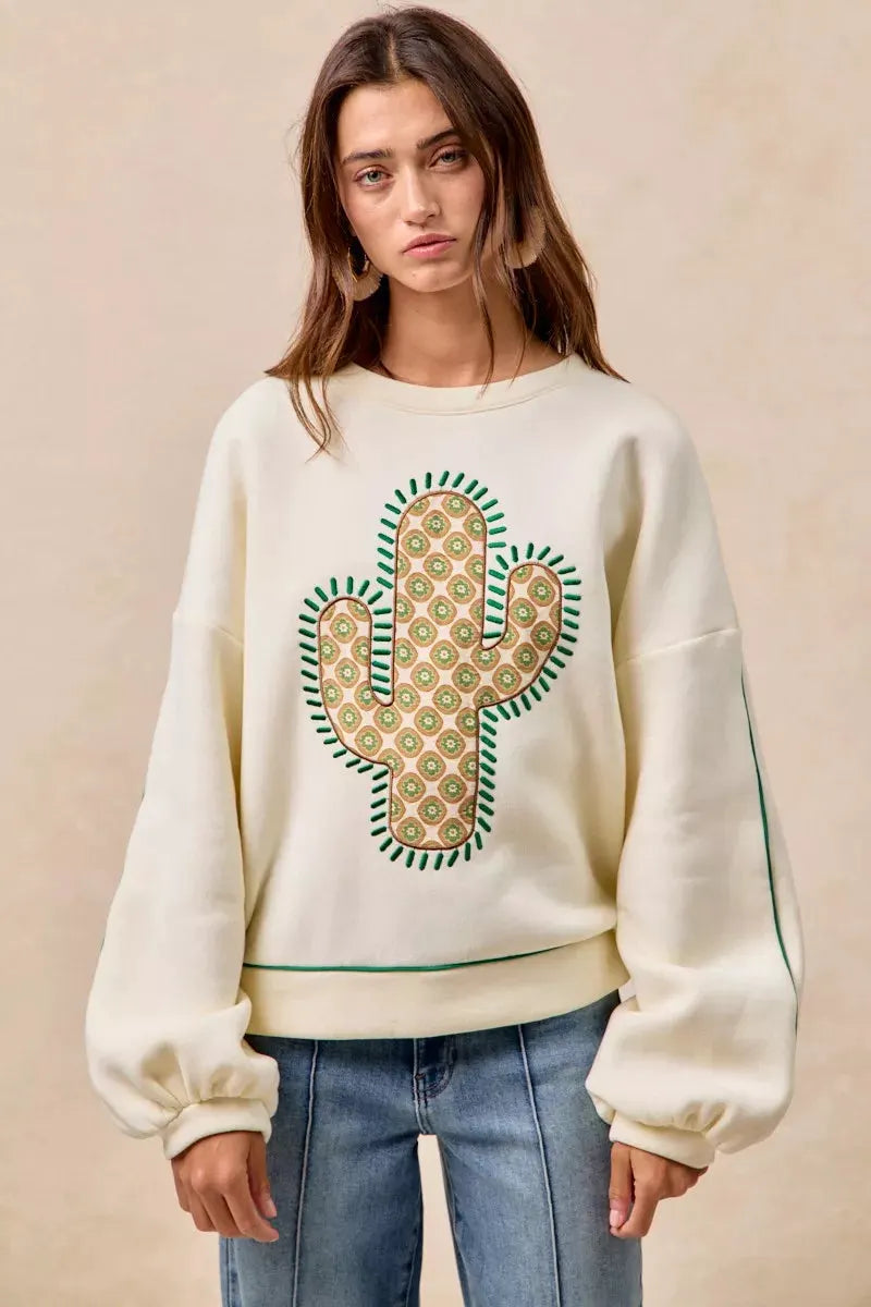BiBi Cactus Embroidered Fleece Sweatshirt by BiBi