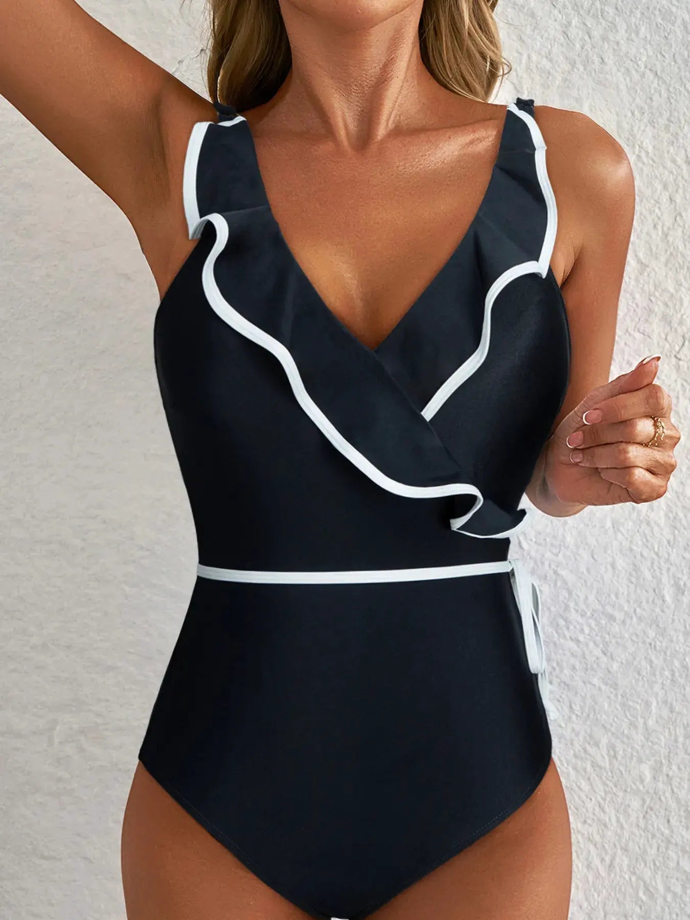 Ruffle Trim V-Neck One-Piece Swimsuit by Partner Label
