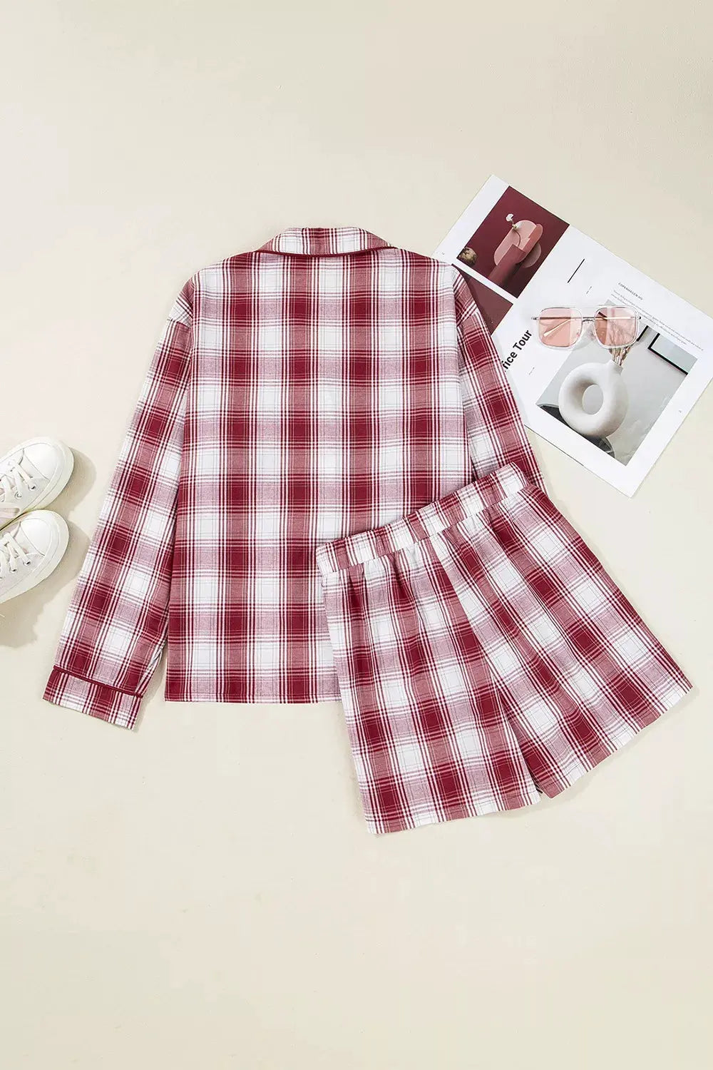 Plaid Long Sleeve Shirt and Drawstring Shorts Lounge Set by Partner Label