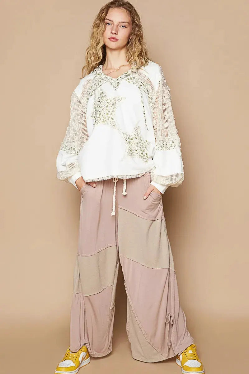 POL Star Patch Lace Contrast Long Sleeve Hooded Top by POL