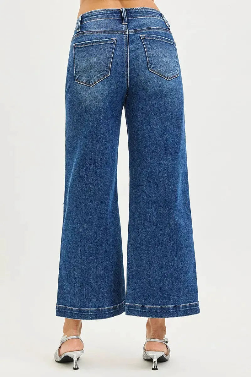 RISEN High Rise Wide Leg Jeans With Pocket Button Detail by RISEN