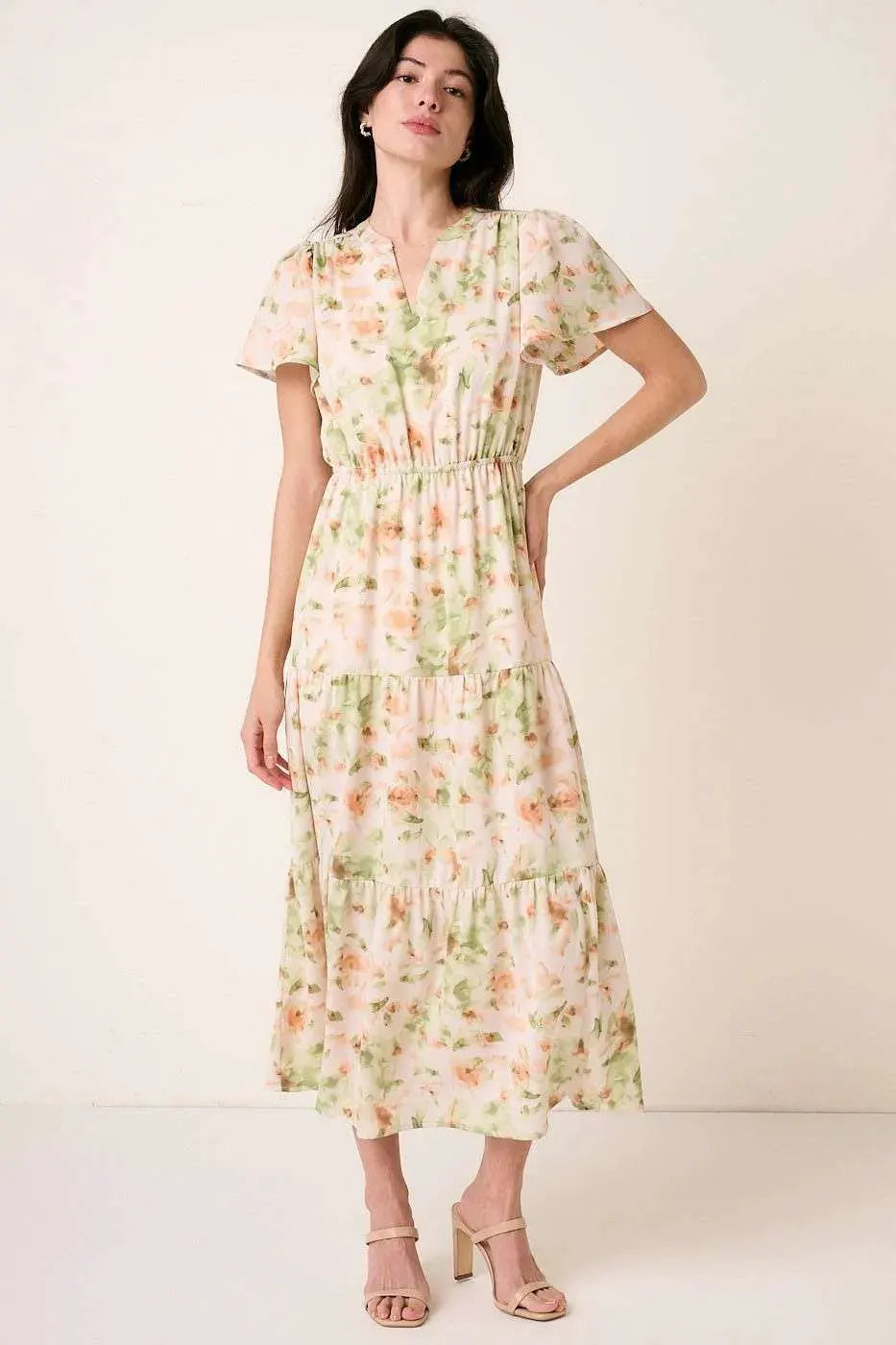 Mittoshop Flower Print Flutter Sleeve V Slit Maxi Dress by Mittoshop