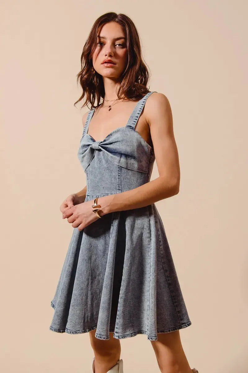 SO ME Mineral Washed Bow Ribbon Denim Flare Dress by Partner Label