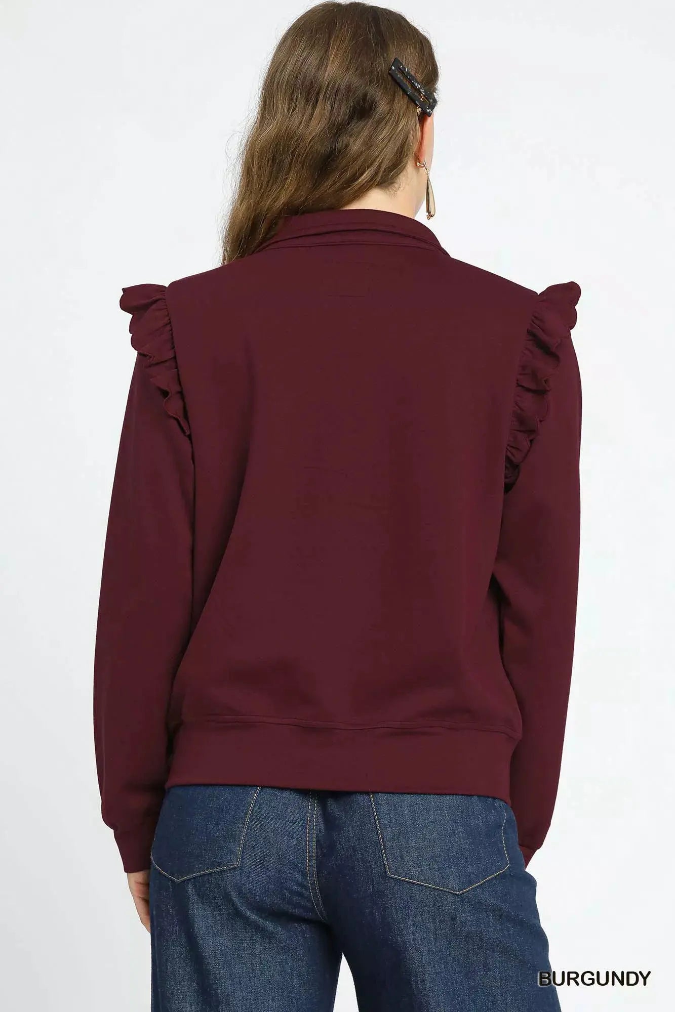 Umgee Luxeknit Ruffle Shoulder Quarter-Zip Sweatshirt by Umgee