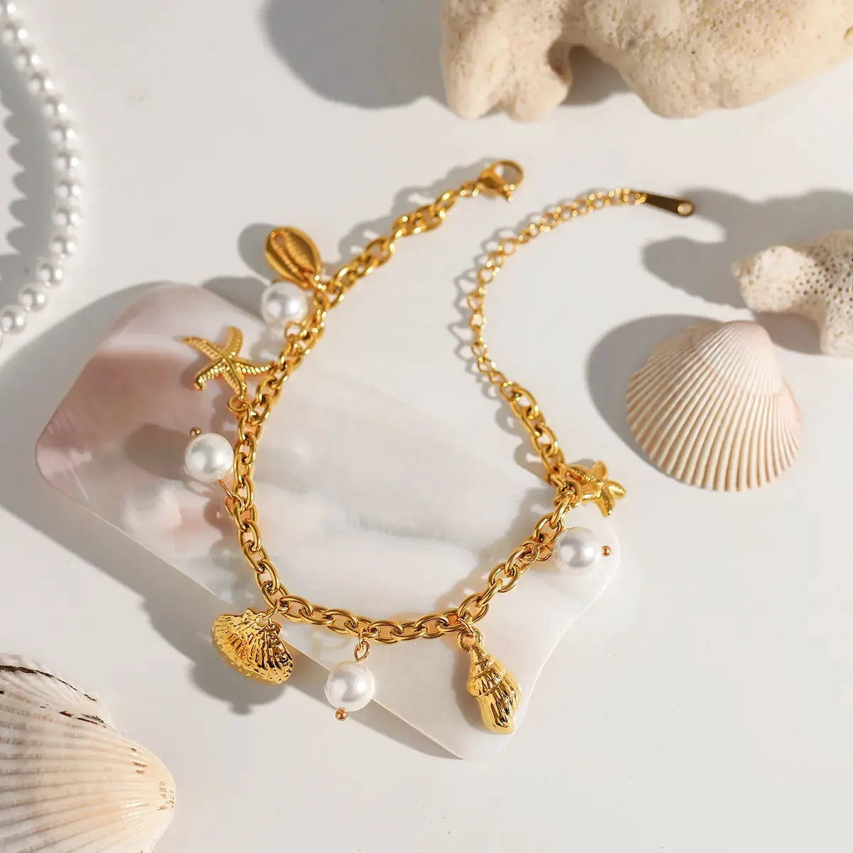 Ocean Theme Stainless Steel Chain Bracelet with Seashell and Starfish Pendants by Partner Label