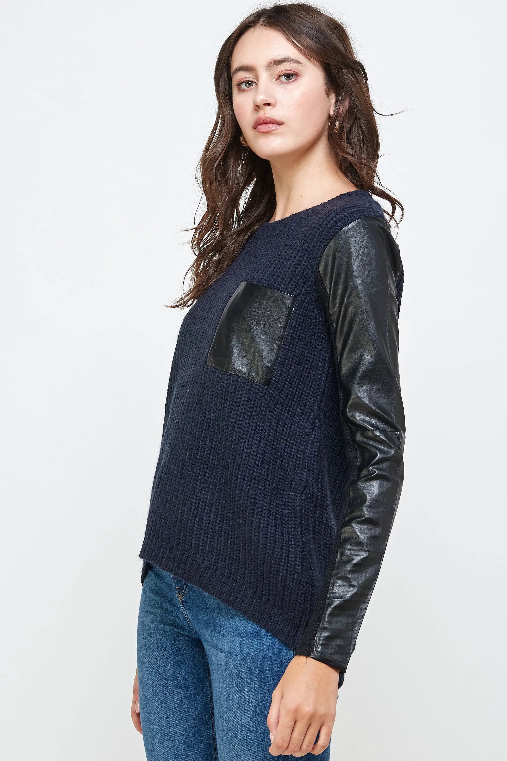 Chunky Knit Sweater with Faux Leather Sleeves 🖤✨ High-Low Top by Inland Leather