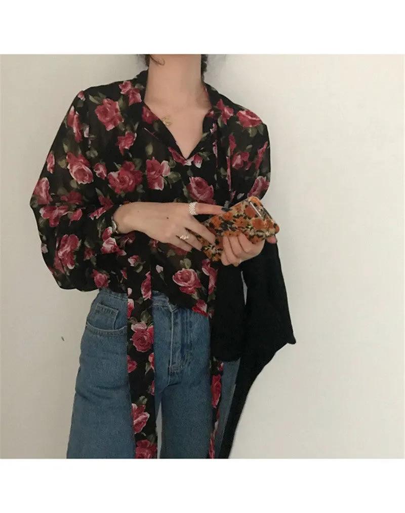 Women Retro Floral Chic Chiffon Spring Fall Fashion Lace-up Design Soft Female Shirts Top Ins by Anybestbuy Store