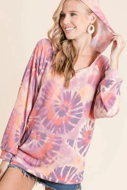 BiBi Circular Tie Dye Print Terry Hoodie with Kangaroo by BiBi