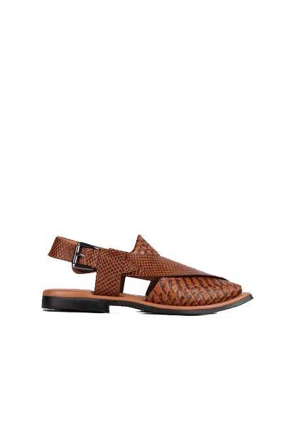 Eddie Men's Real Cow Leather Snake Print Peshawari Chappal Tan by Inland Leather