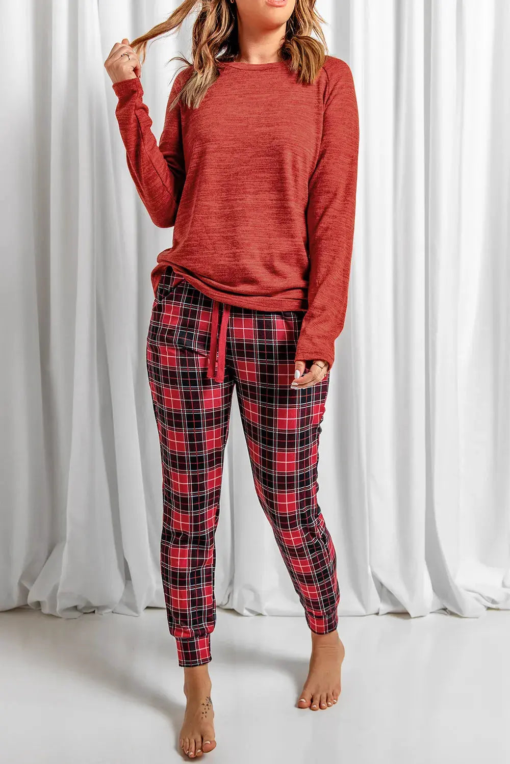 Round Neck Top and Drawstring Plaid Pants Lounge Set by Partner Label