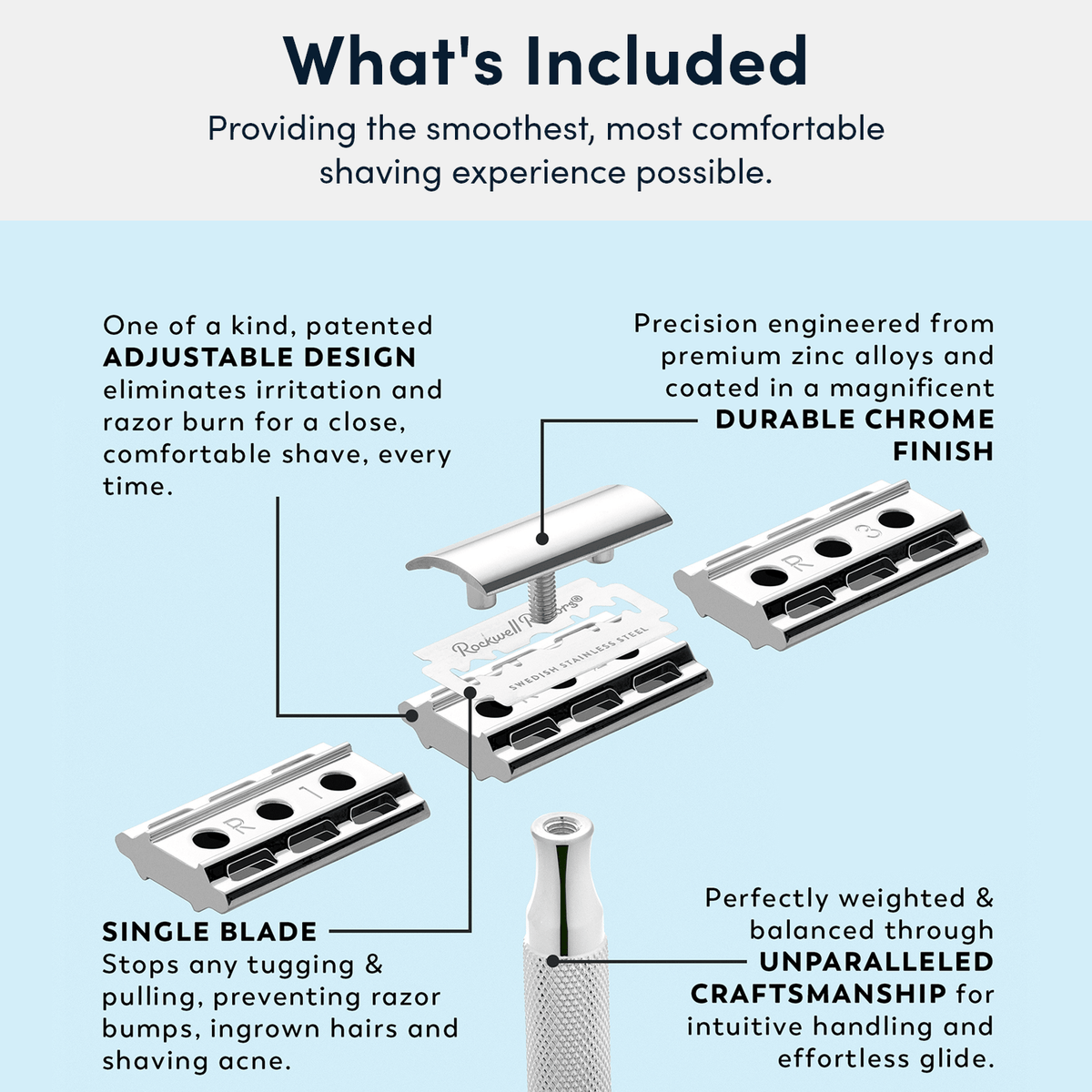 Rockwell 6C Adjustable Safety Razor - White Chrome (Beginner Friendly) by Rockwell