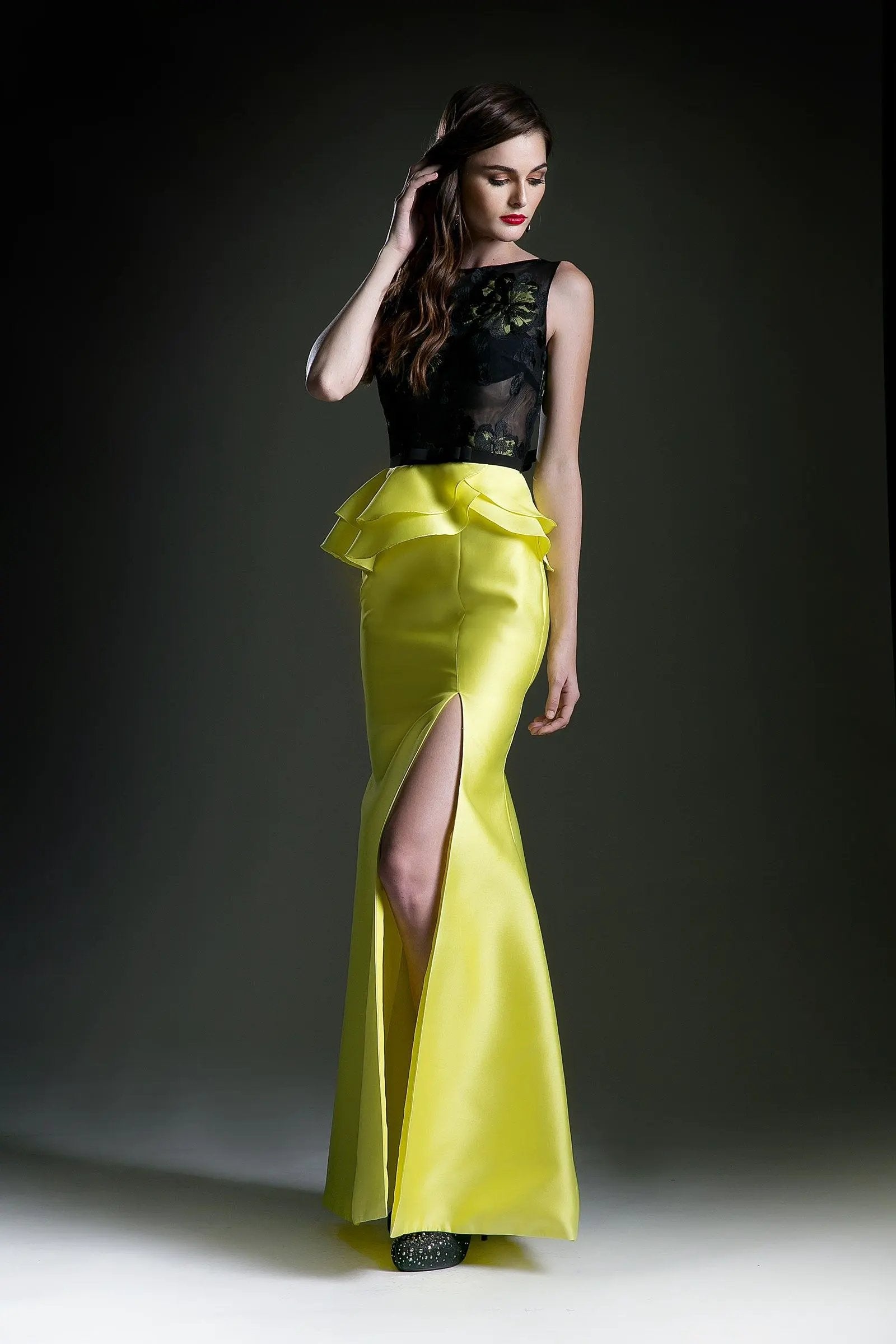 Mermaid cut dress with illusion neckline and belt by Tux-USA