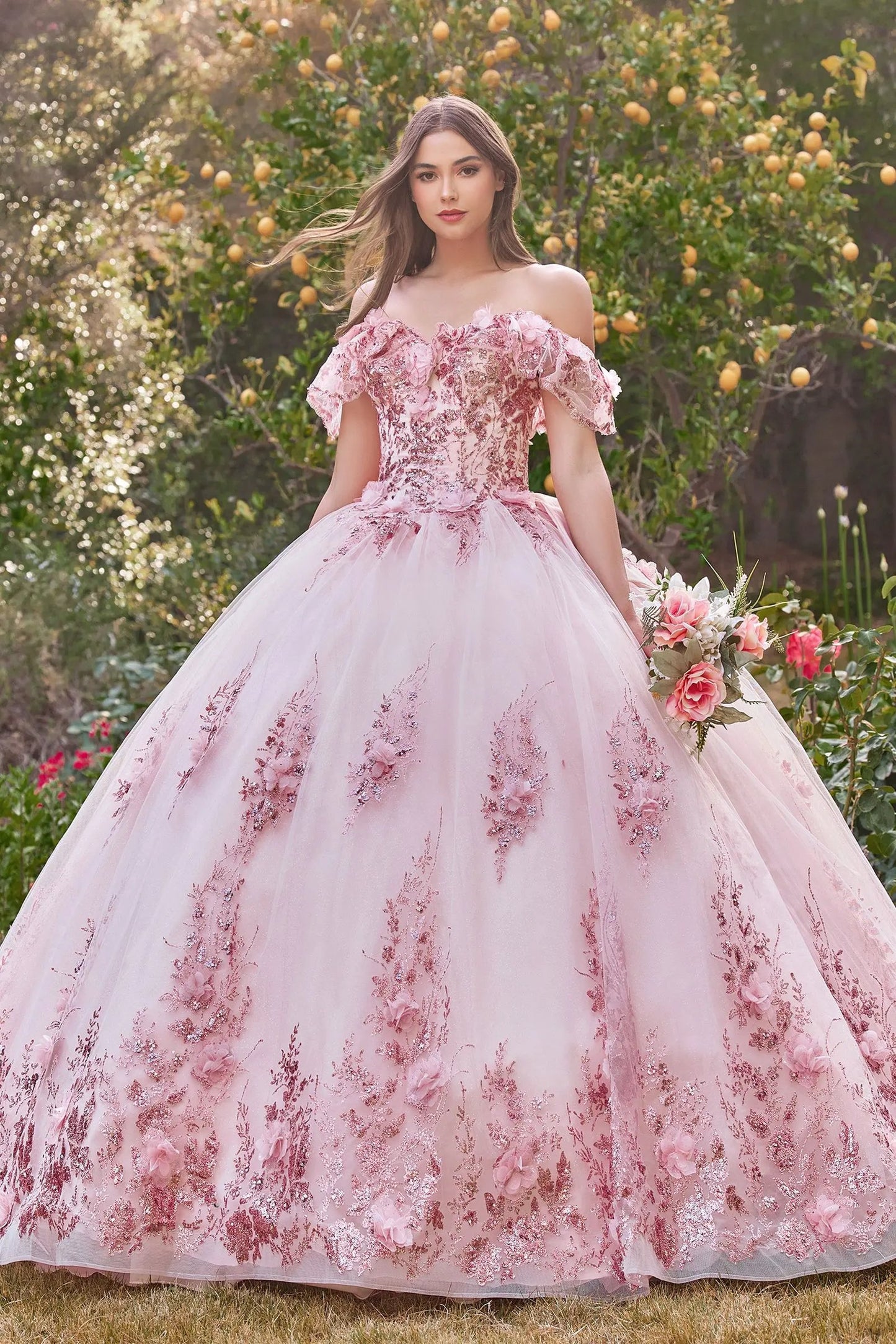 Floral Off The Shoulder Quince Ball Gown by Tux-USA