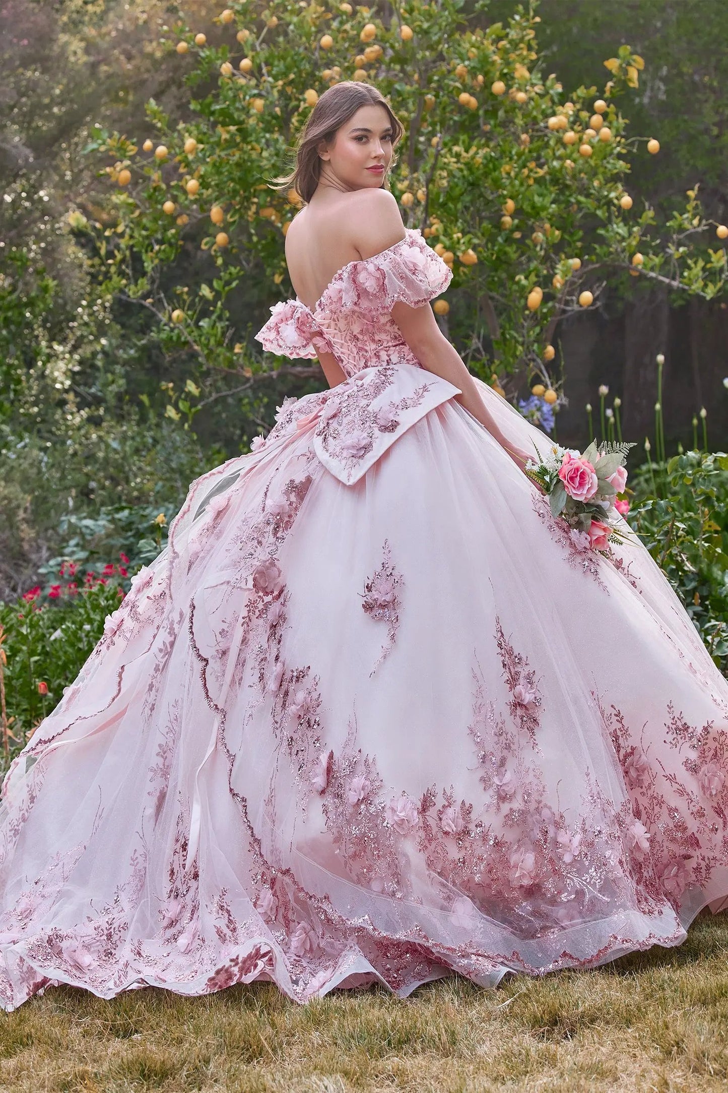 Floral Off The Shoulder Quince Ball Gown by Tux-USA