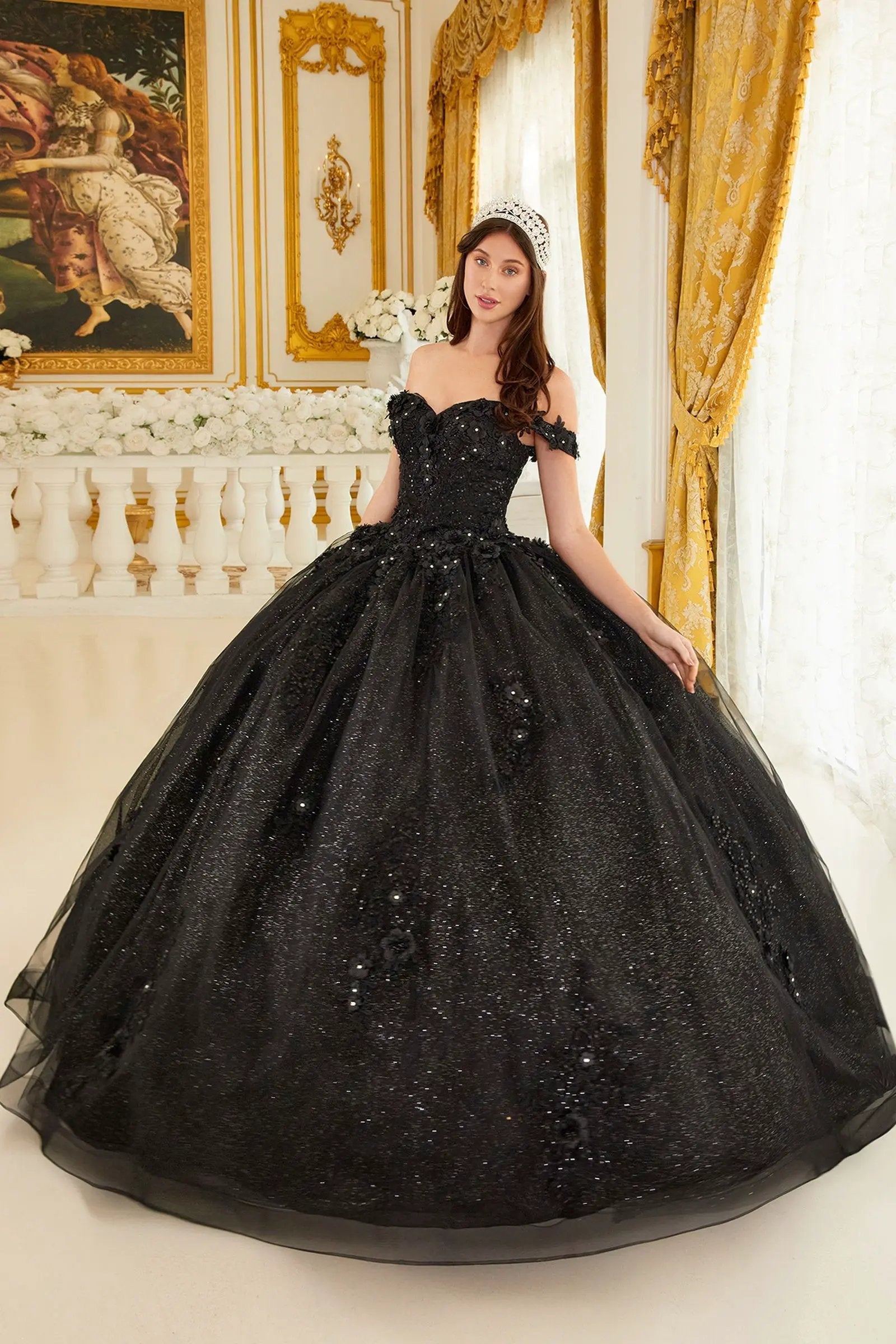 Ball Gown Off Shoulder Floral Embellished Glitter Tulle Quinceanera by Tux-USA