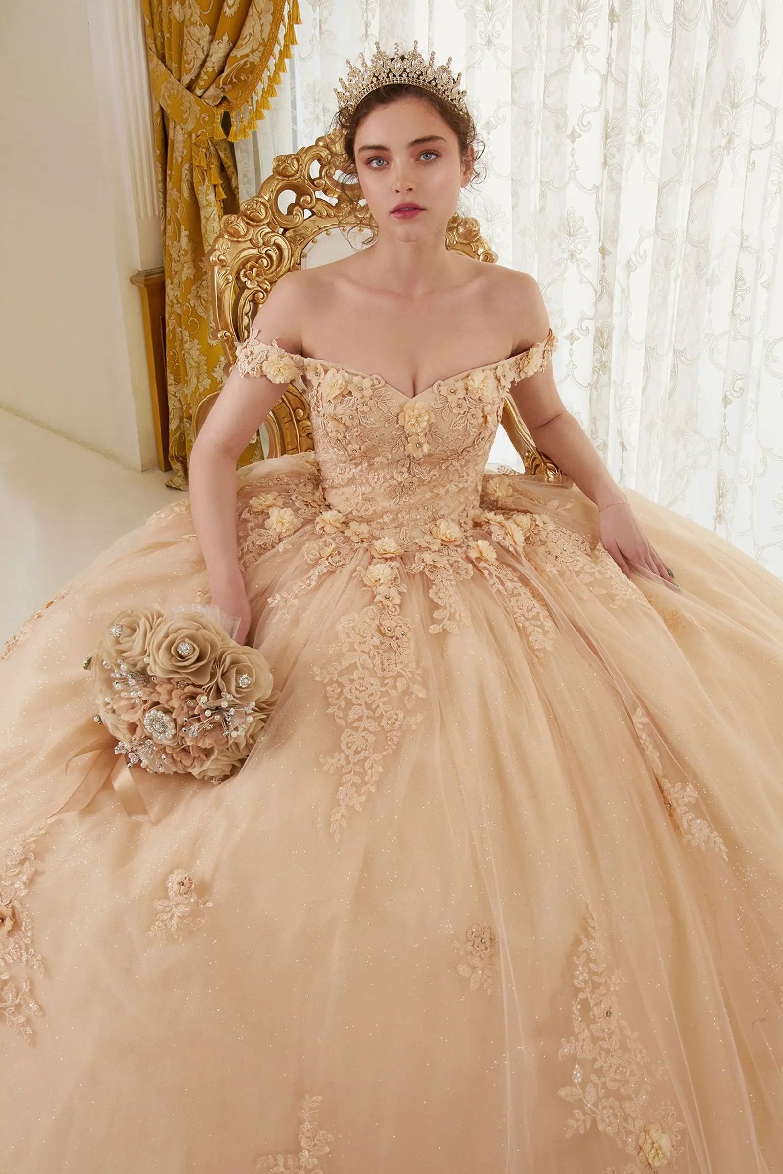 Ball Gown Off Shoulder Floral Embellished Glitter Tulle Quinceanera by Tux-USA