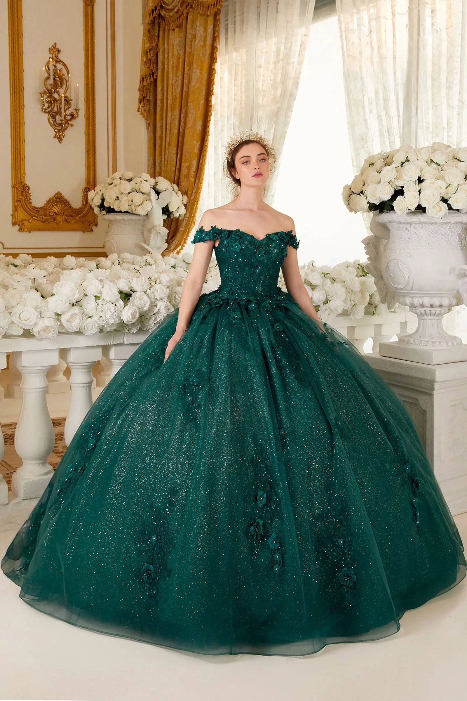 Ball Gown Off Shoulder Floral Embellished Glitter Tulle Quinceanera by Tux-USA