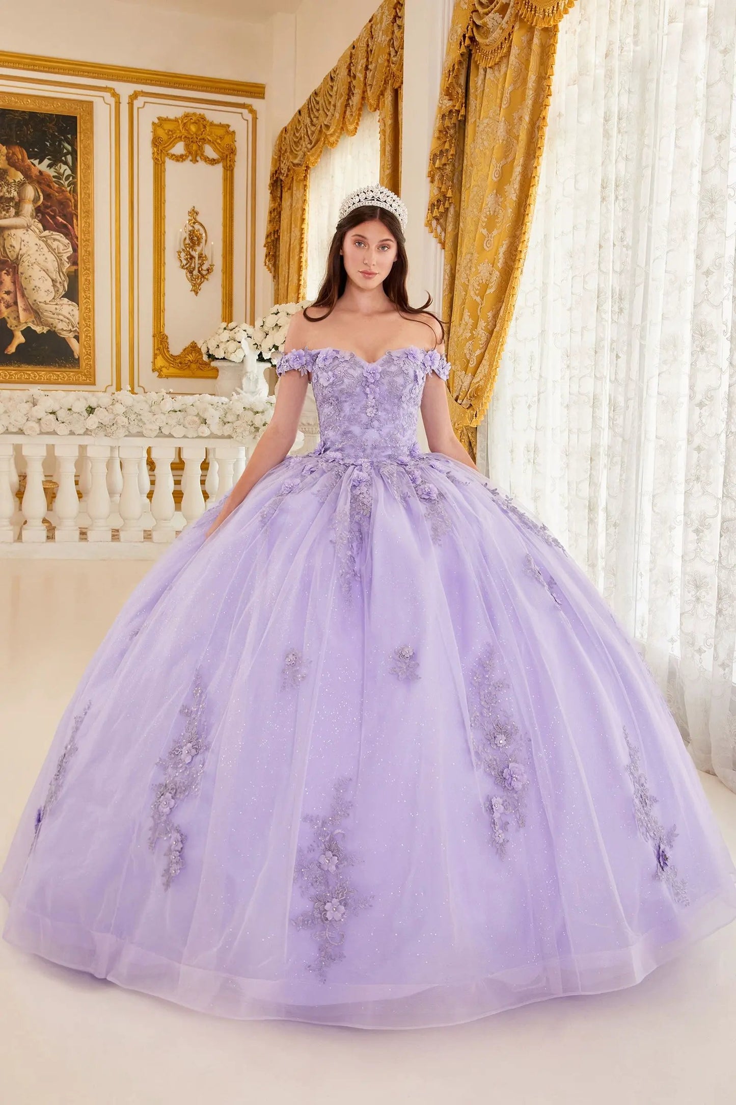 Ball Gown Off Shoulder Floral Embellished Glitter Tulle Quinceanera by Tux-USA