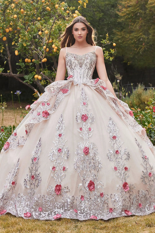Layered Tulle Quince Ball Gown With Foral Applique by Tux-USA