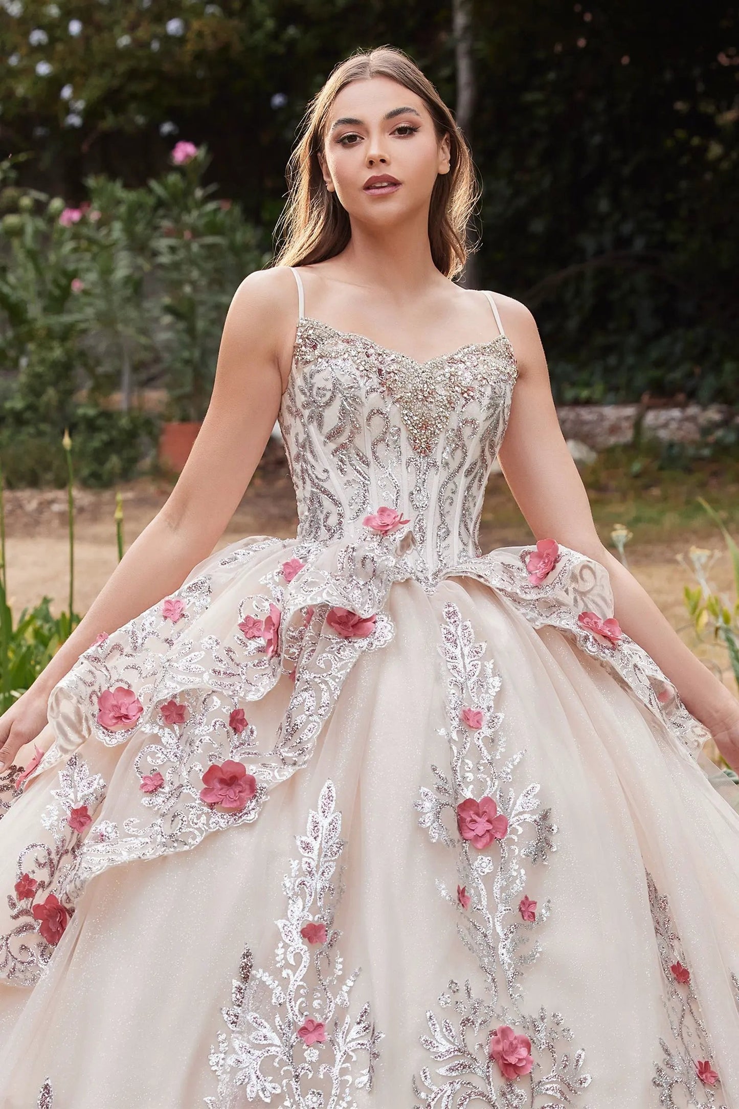 Layered Tulle Quince Ball Gown With Foral Applique by Tux-USA
