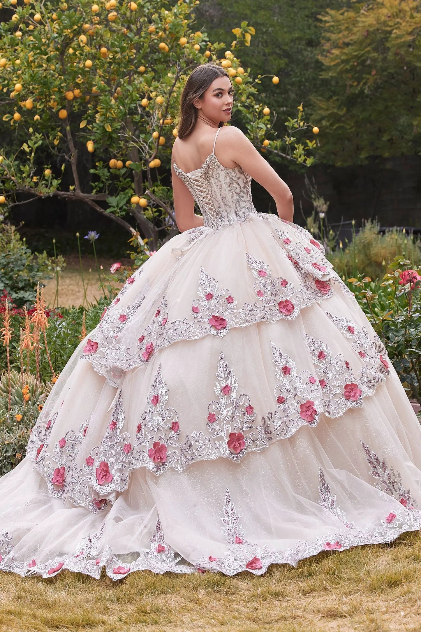 Layered Tulle Quince Ball Gown With Foral Applique by Tux-USA