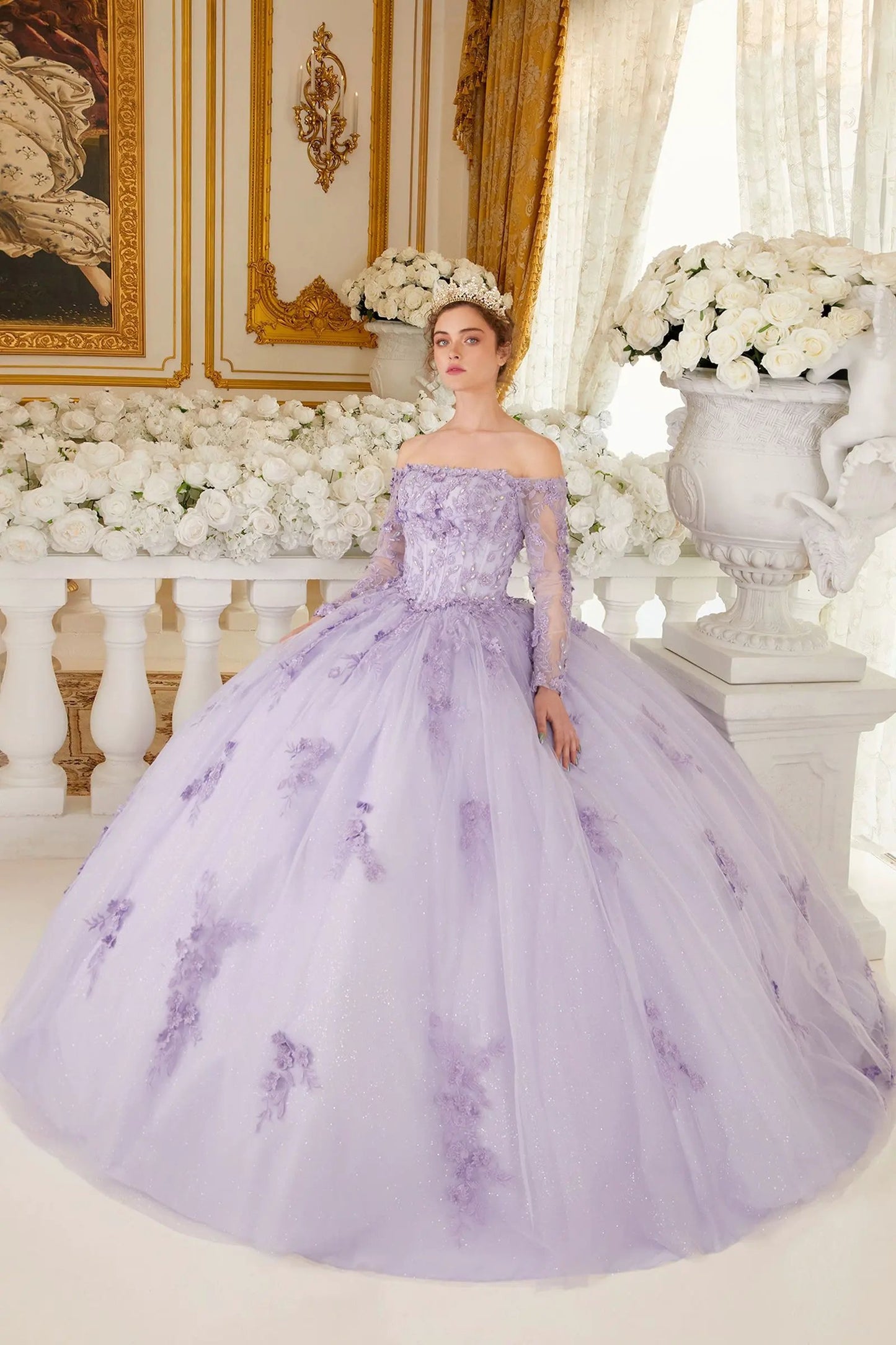 Off The Shoulder Lace Long Sleeve Ball Gown by Tux-USA
