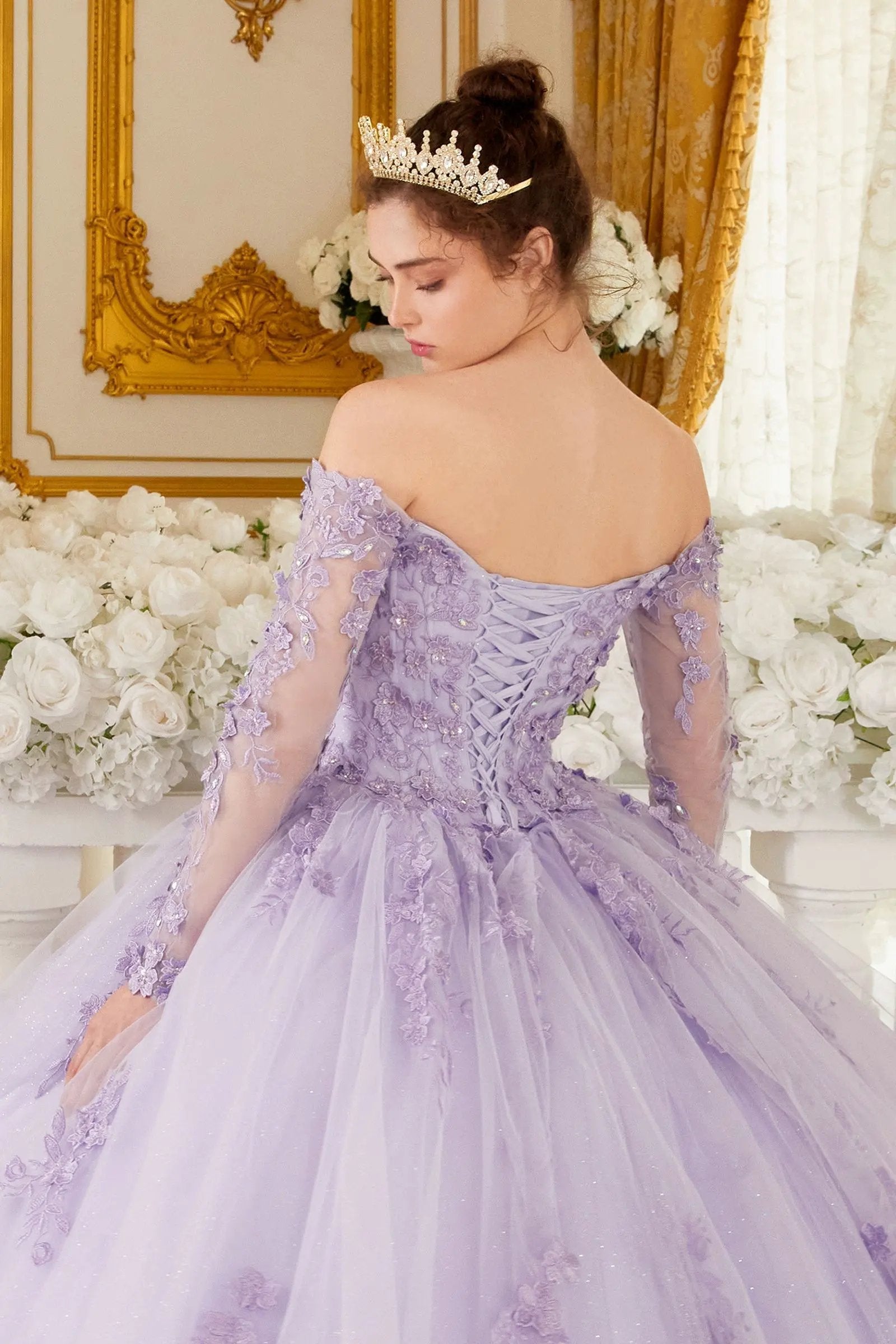 Off The Shoulder Lace Long Sleeve Ball Gown by Tux-USA