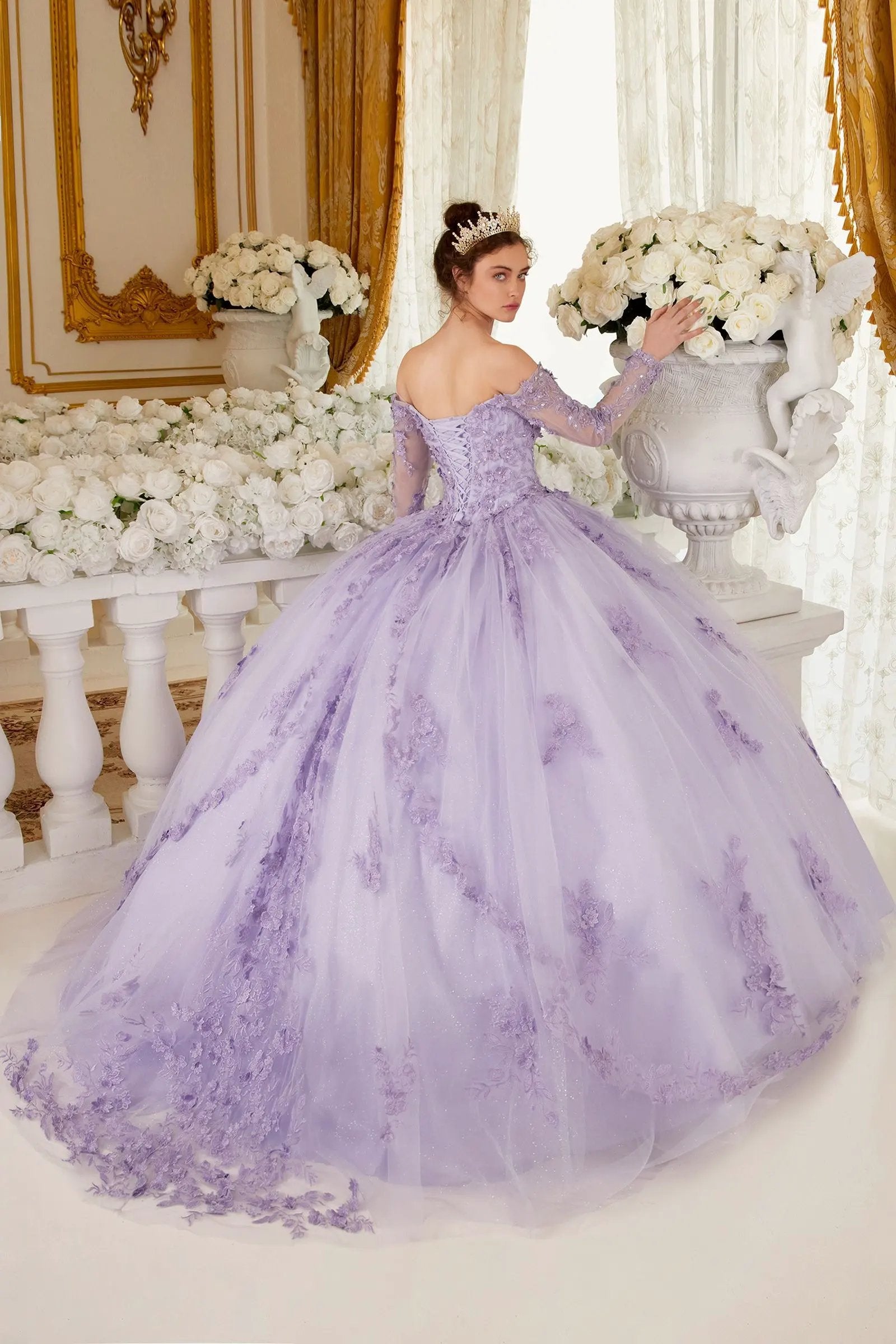 Off The Shoulder Lace Long Sleeve Ball Gown by Tux-USA