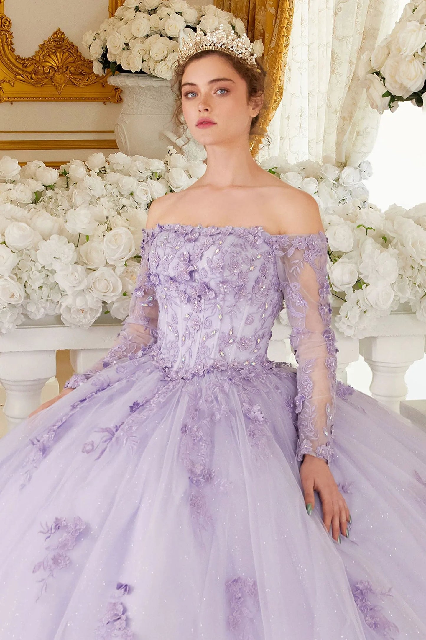Off The Shoulder Lace Long Sleeve Ball Gown by Tux-USA