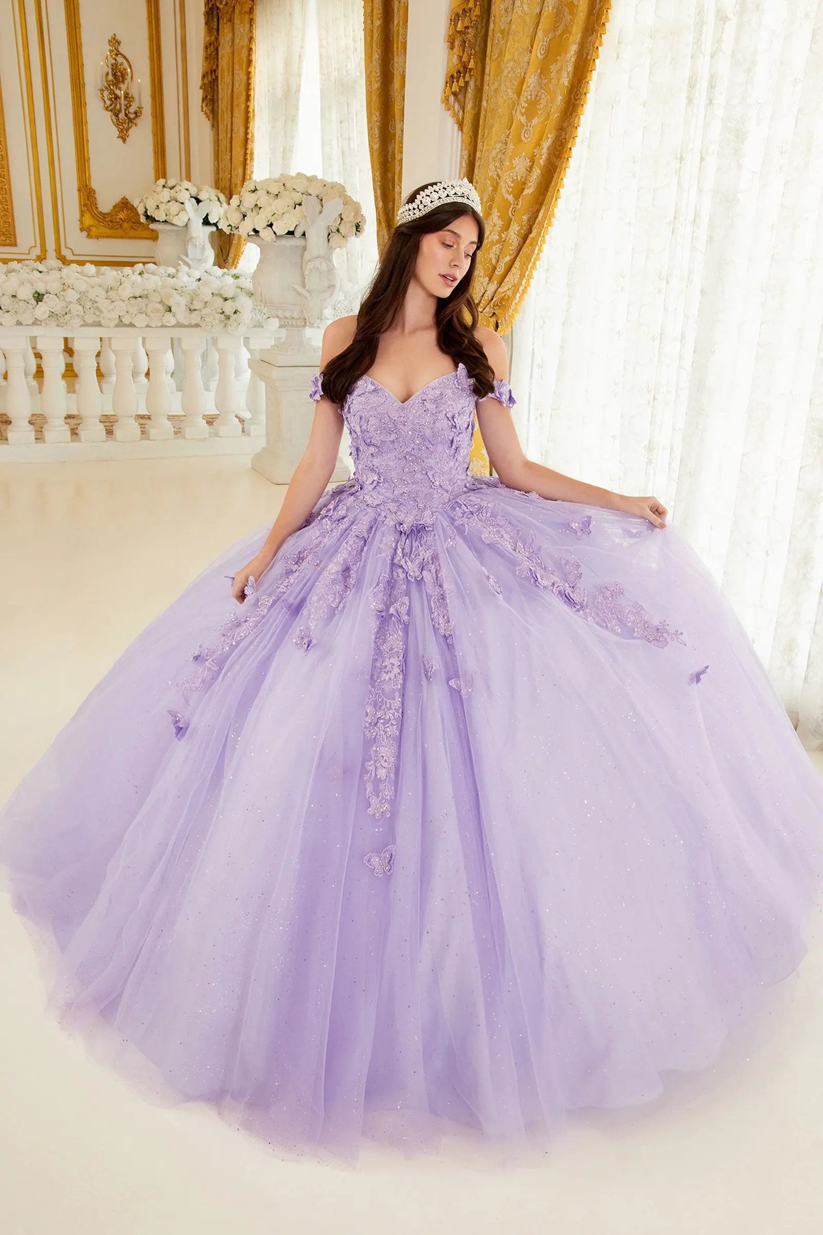 Layered Tulle Ball Gown With Lace Applique by Tux-USA