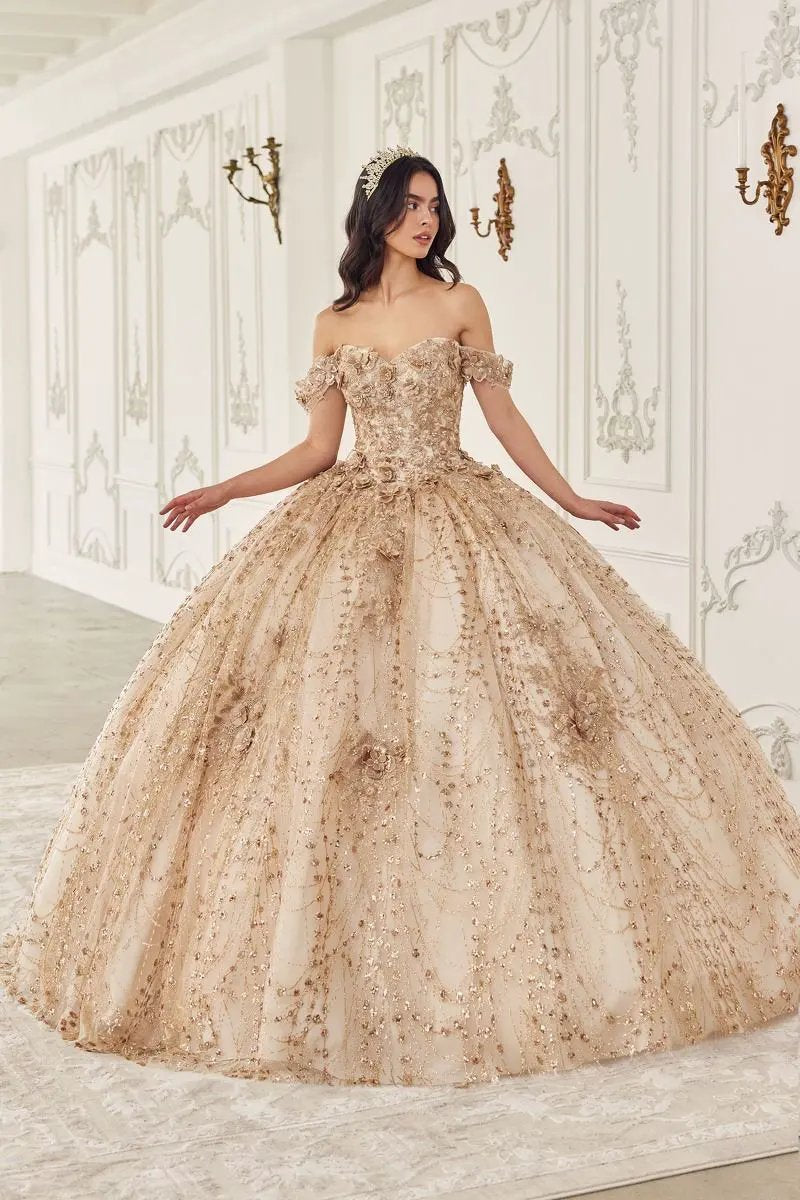 Off The Shoulder Glitter Floral Print Gold Ball Gown by Tux-USA