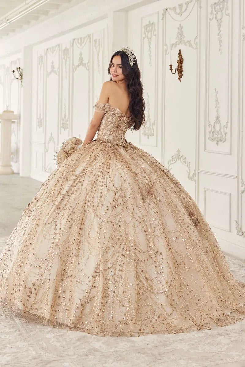 Off The Shoulder Glitter Floral Print Gold Ball Gown by Tux-USA