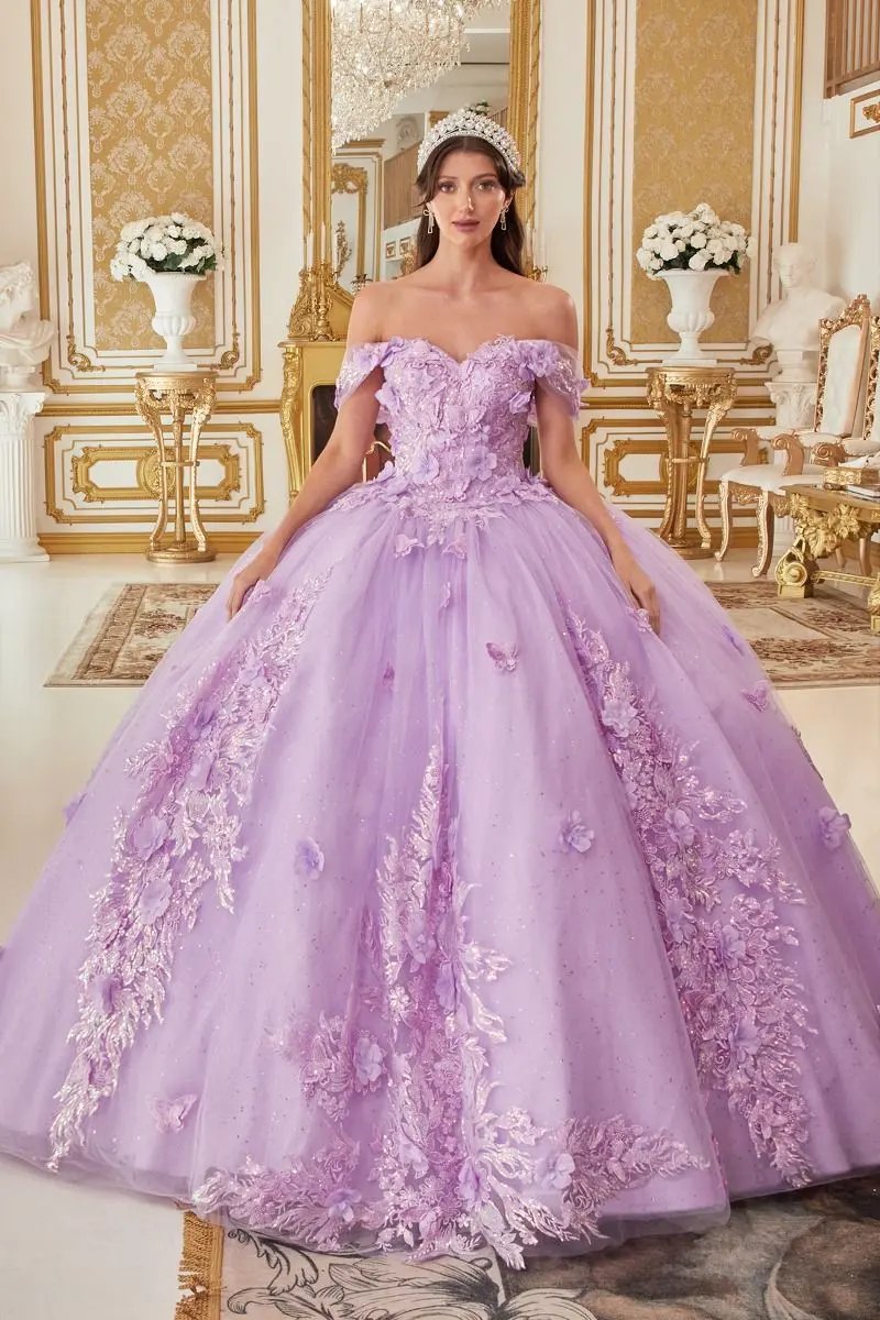 Off the Shoulder Floral Appliqued Ball Gown by Tux-USA