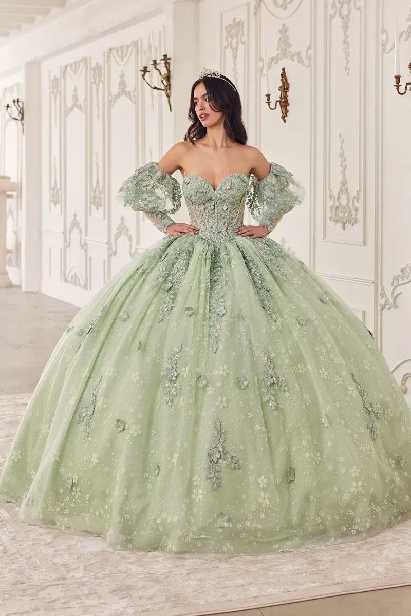 Ball Gown Off Shoulder Glitter Floral Print Gold Tulle Quinceanera by Tux-USA