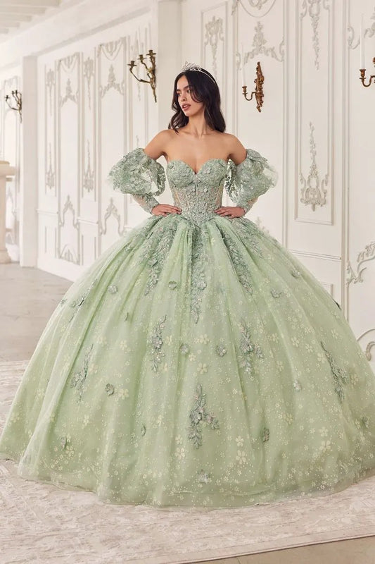 Ball Gown Off Shoulder Glitter Floral Print Gold Tulle Quinceanera by Tux-USA