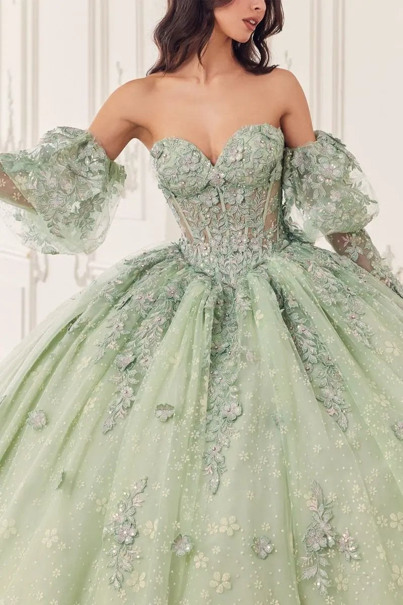 Ball Gown Off Shoulder Glitter Floral Print Gold Tulle Quinceanera by Tux-USA