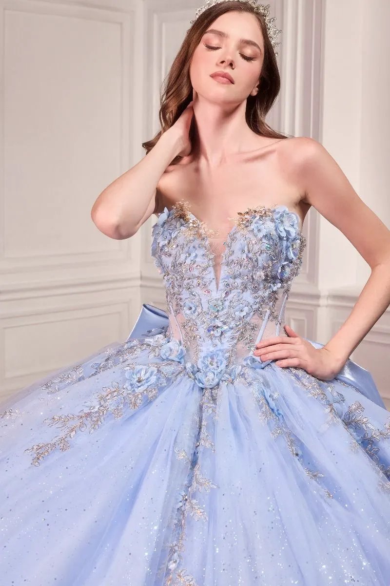 Strapless Sweetheart Floral Quinceañera Ball Gown with Satin Bow and Cathedral Train by Tux-USA