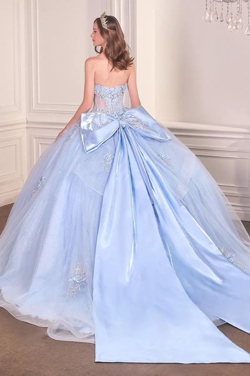 Strapless Sweetheart Floral Quinceañera Ball Gown with Satin Bow and Cathedral Train by Tux-USA