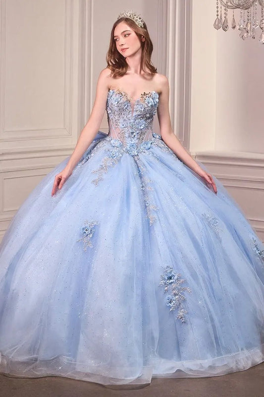 Strapless Sweetheart Floral Quinceañera Ball Gown with Satin Bow and Cathedral Train by Tux-USA