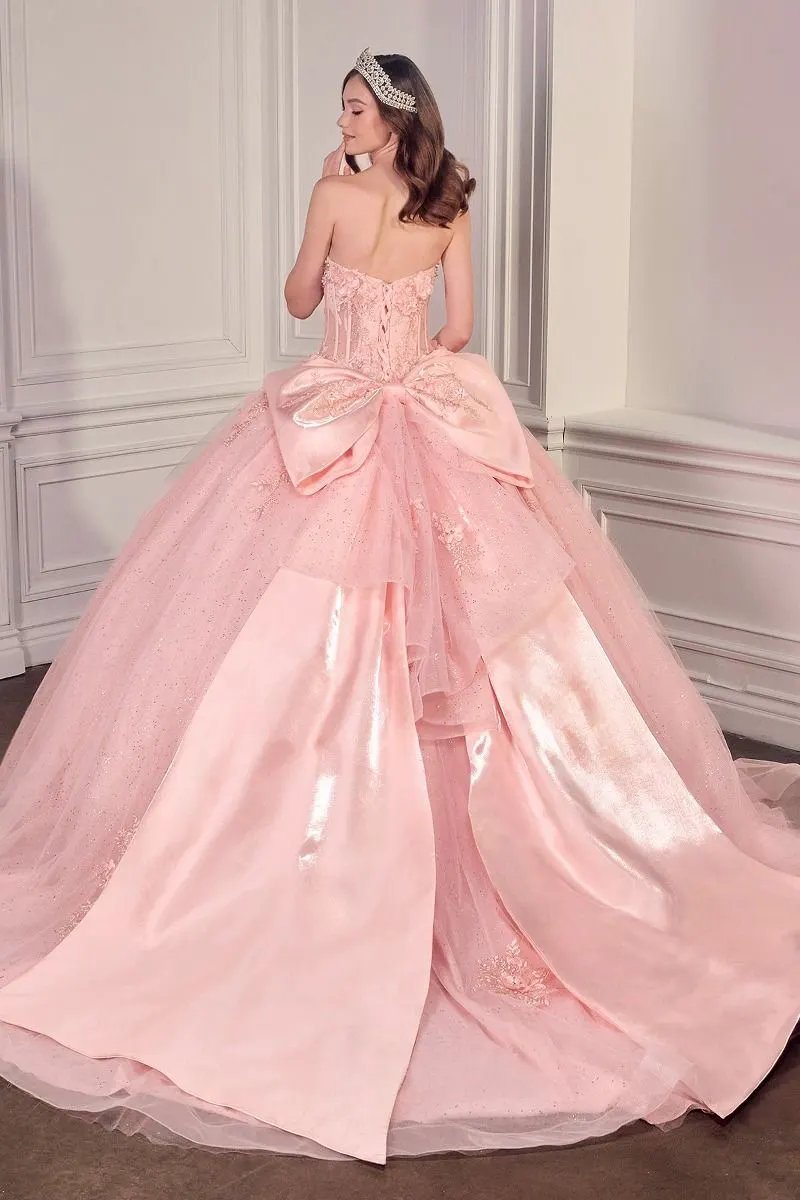 Strapless Sweetheart Floral Quinceañera Ball Gown with Satin Bow and Cathedral Train by Tux-USA