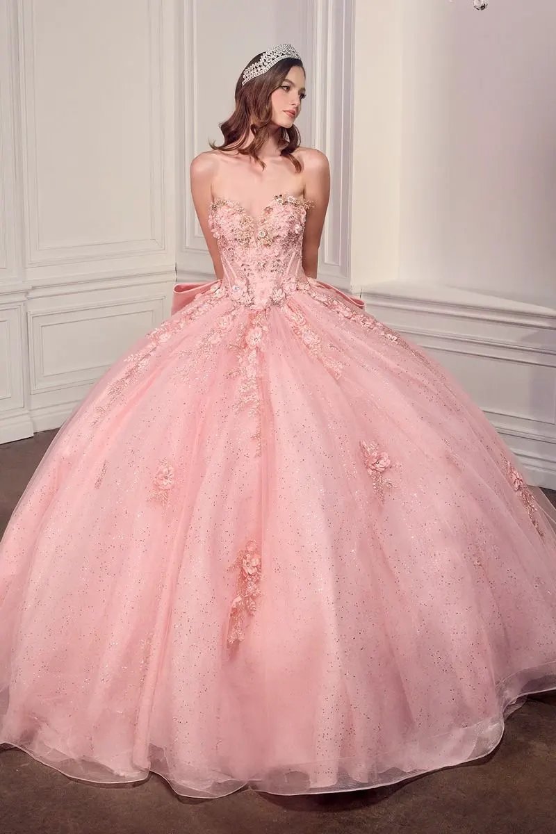 Strapless Sweetheart Floral Quinceañera Ball Gown with Satin Bow and Cathedral Train by Tux-USA