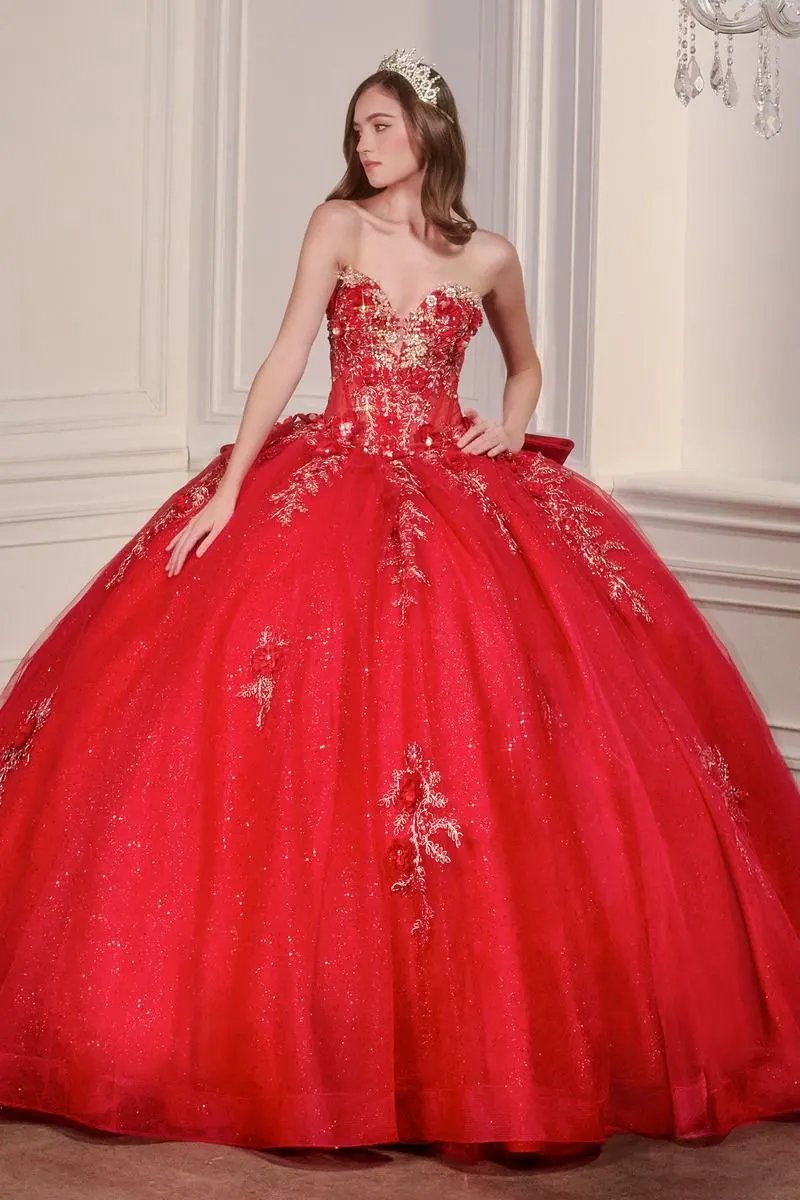 Strapless Sweetheart Floral Quinceañera Ball Gown with Satin Bow and Cathedral Train by Tux-USA