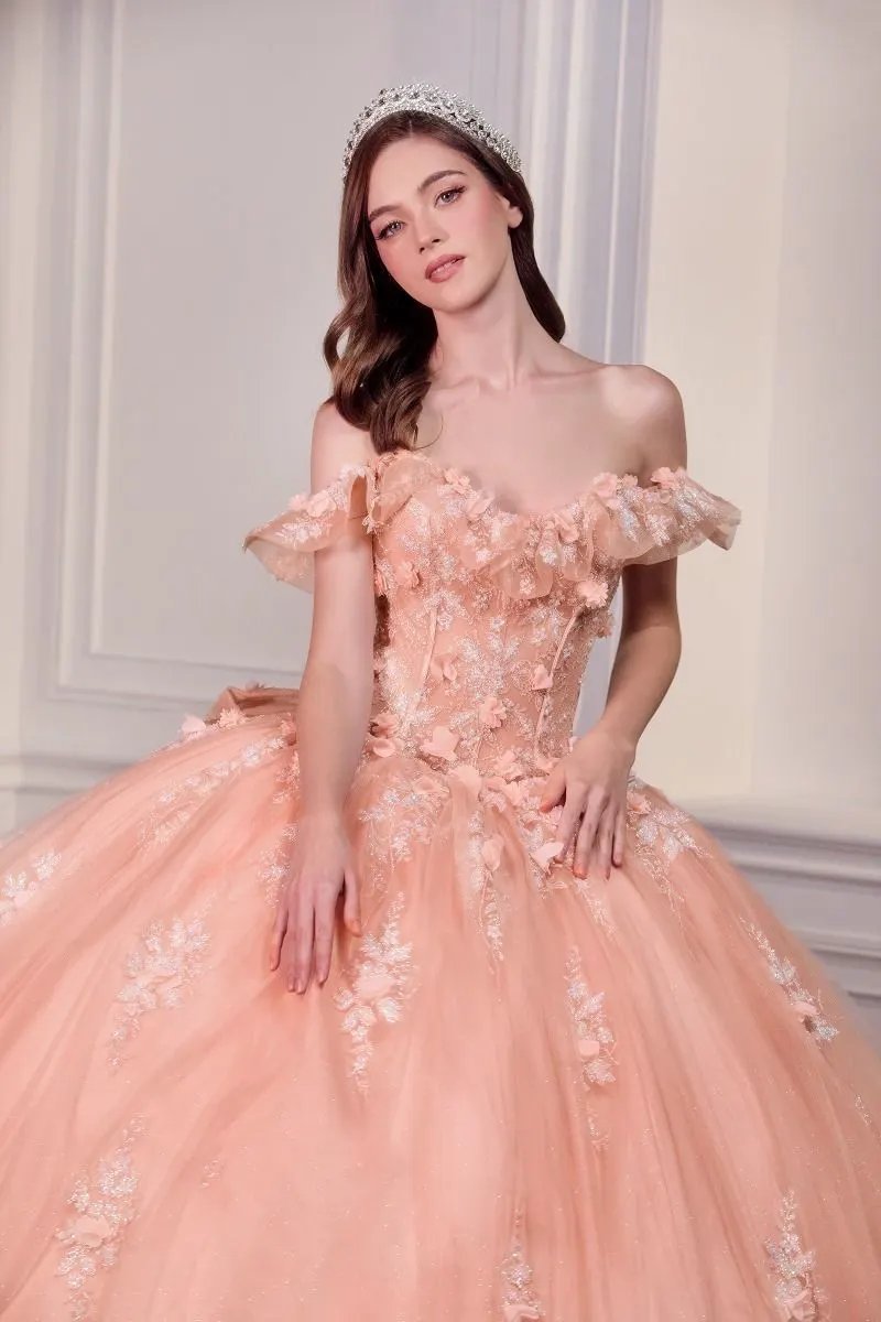 Blush Pink Off-Shoulder Floral Quinceañera Ball Gown with Oversized Bow by Tux-USA