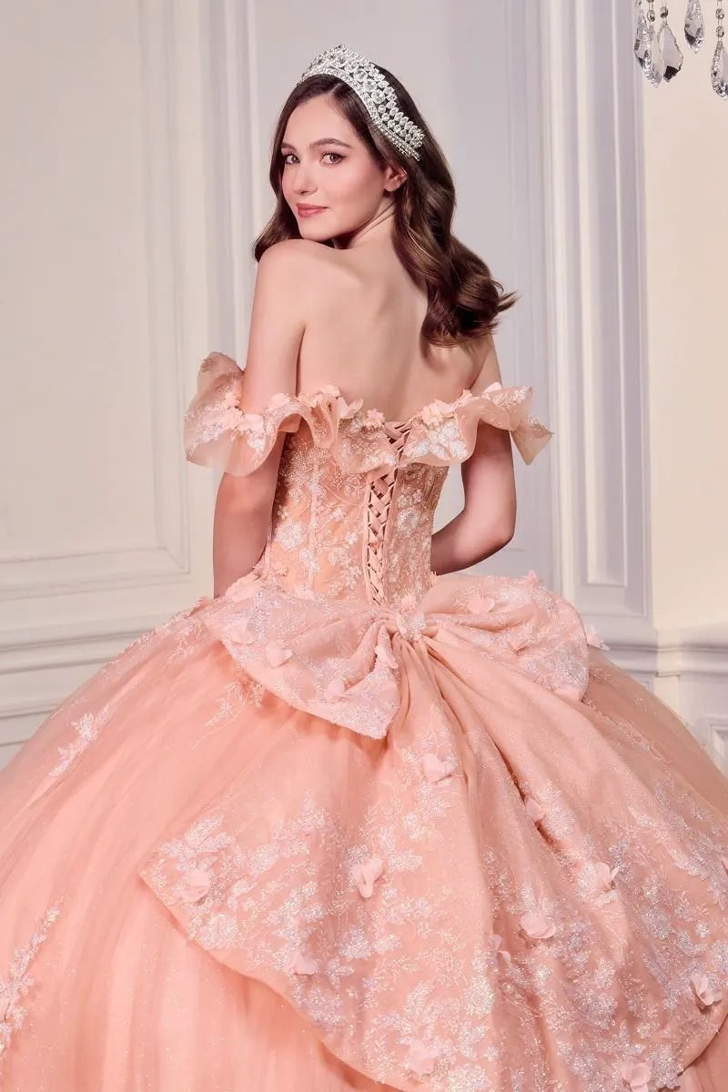 Blush Pink Off-Shoulder Floral Quinceañera Ball Gown with Oversized Bow by Tux-USA