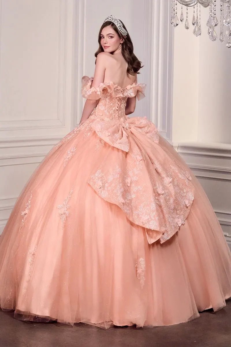 Blush Pink Off-Shoulder Floral Quinceañera Ball Gown with Oversized Bow by Tux-USA